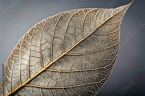 Golden Veins of Nature: A macro study of a delicate, skeletal leaf, its intricate veins shimmering like gold against a muted backdrop.  photo