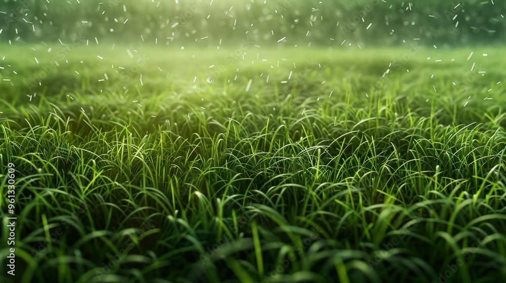 Lush green grass field with rain drops falling, sunlight shining through. Lush green grass field with rain drops falling, sunlight shining through.