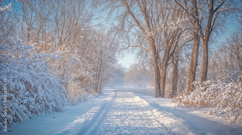 Obraz premium A snowy road through a forest of snowcovered trees