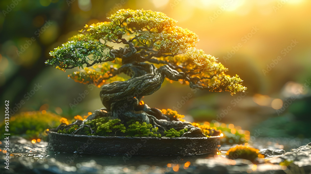 Bonsai Tree in Sunlight, Illustration Bonsai Tree in Sunlight, Illustration