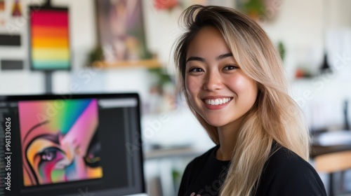 Young Woman Smiling in Creative Office with Digital Art on Computer Screen photo