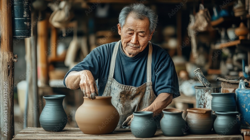 Elderly Artisan Crafting Pottery in Traditional Workshop Surrounded by Handmade Clay Vases and Tools Elderly Artisan Crafting Pottery in Traditional Workshop Surrounded by Handmade Clay Vases and Tools