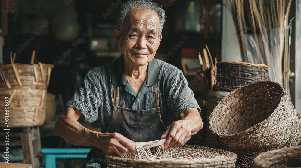 Elderly Artisan Weaving Baskets in Traditional Workshop Surrounded by Handcrafted Wicker Baskets and Tools Elderly Artisan Weaving Baskets in Traditional Workshop Surrounded by Handcrafted Wicker Baskets and Tools