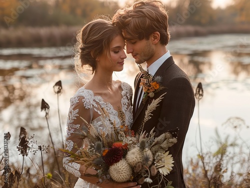 Bride and groom embrace near a lake on a sunny autumn day. They are dressed in formal attire and smiling at each other. The bride is holding a bouquet of dried flowers. photo