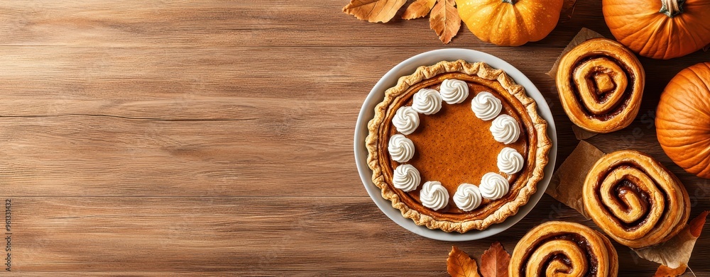 Pumpkin pie with whipped cream and cinnamon rolls on wooden table with pumpkins and autumn leaves Pumpkin pie with whipped cream and cinnamon rolls on wooden table with pumpkins and autumn leaves