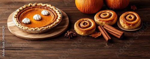 Pumpkin pie with meringue and cinnamon rolls on wooden board with pumpkins and cinnamon sticks