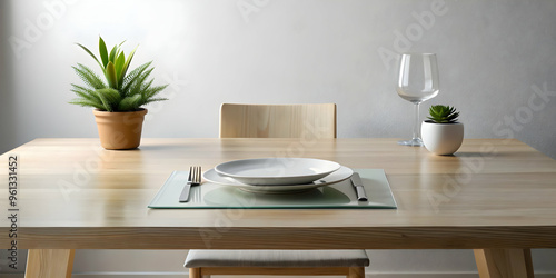 Wallpaper Mural Minimalist Table Setting: A serene and sophisticated dining experience awaits, captured in a minimalist table setting with a single place setting, a glass of wine, and potted plants. The natural light Torontodigital.ca