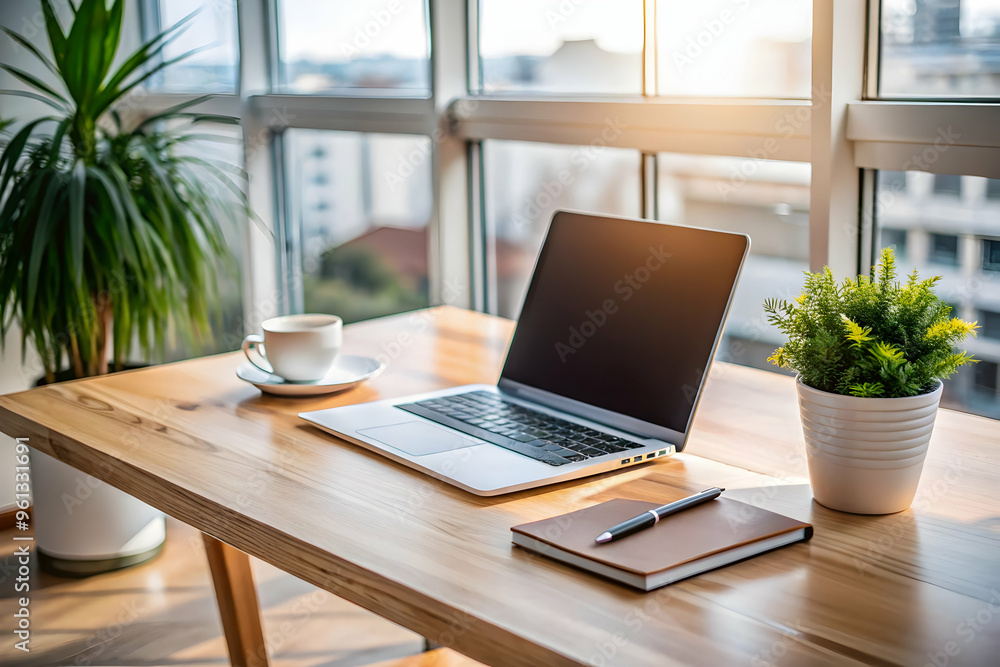 custom made wallpaper toronto digitalSunlit Workspace Serenity: A minimalist home office bathed in warm morning light, featuring a laptop, notebook, and coffee on a natural wood desk, perfect for showcasing productivity and work-life bal