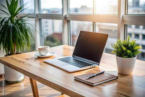 Wallpaper Mural Sunlit Workspace Serenity: A minimalist home office bathed in warm morning light, featuring a laptop, notebook, and coffee on a natural wood desk, perfect for showcasing productivity and work-life bal Torontodigital.ca