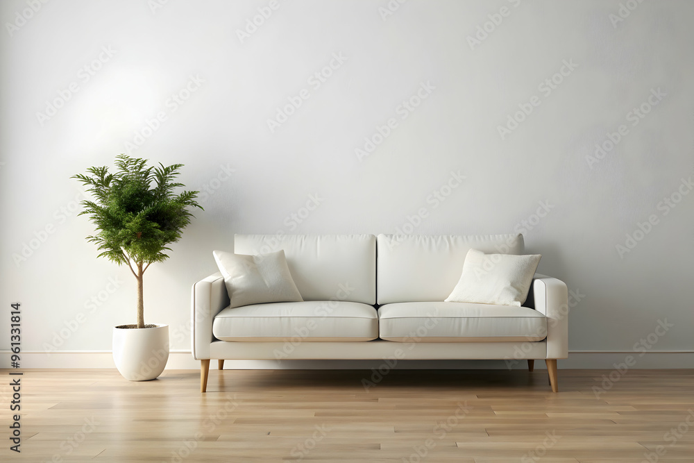 Serene Minimalism: A white sofa invites relaxation in a sun-drenched living room, epitomizing minimalist interior design. Serene Minimalism: A white sofa invites relaxation in a sun-drenched living room, epitomizing minimalist interior design.