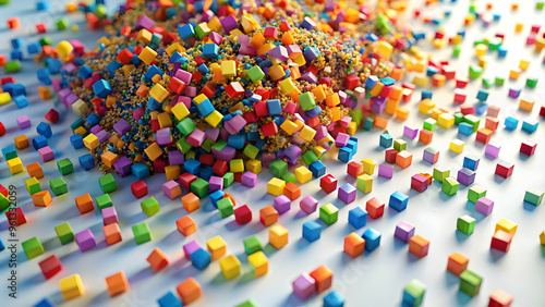 A Kaleidoscope of Building Blocks: A vibrant explosion of colorful cubes scatters across a light blue backdrop, sparking creativity and endless possibilities. 