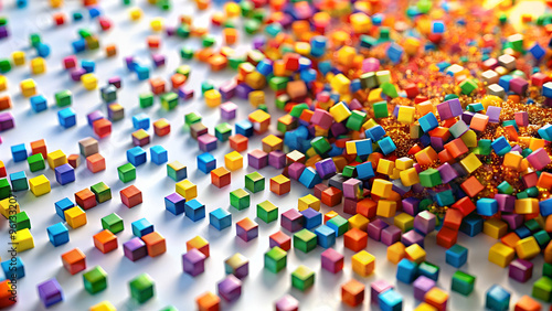 A Kaleidoscope of Building Blocks: A vibrant explosion of colorful cubes scatters across a light blue backdrop, sparking creativity and endless possibilities. 