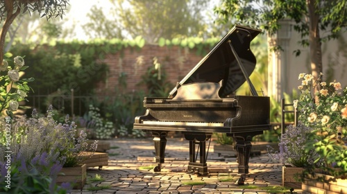 Decorative white Grand piano in the design of a wedding or a decor for a romantic dinner in the spring in a blooming tree garden photo