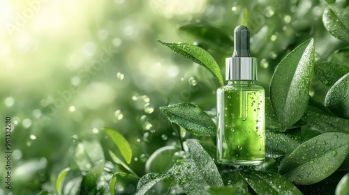 Wallpaper Mural Natural face serum products photo shoot with green tea leaves, realistic hyper-detailed rendering, refreshing green tones, eye-catching tags, free-flowing lines, cute cartoonish design, water drops Torontodigital.ca