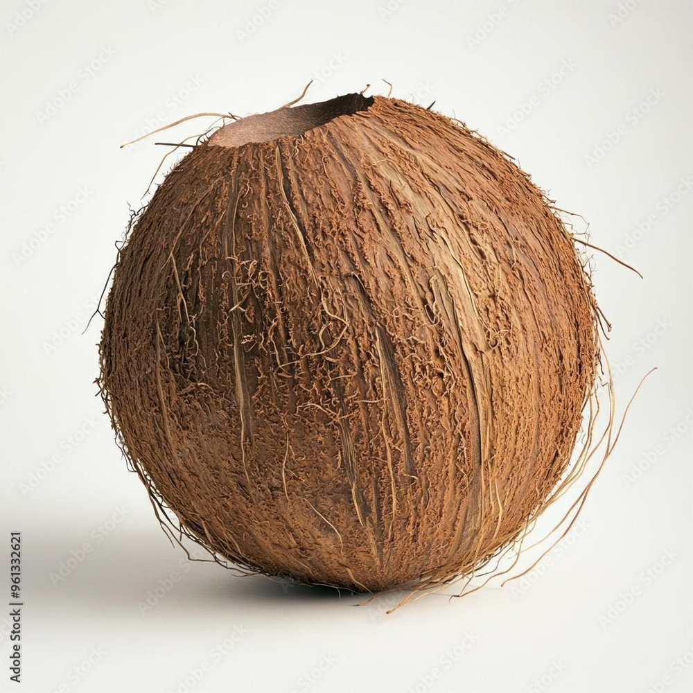 A whole coconut with the top cut off, isolated on a white background. A whole coconut with the top cut off, isolated on a white background.