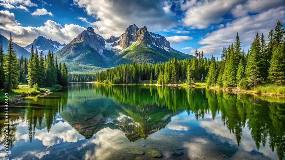 A serene and isolated mountain lake reflects the grandeur of surrounding peaks, with lush green vegetation and a few wispy trees along the shoreline. A serene and isolated mountain lake reflects the grandeur of surrounding peaks, with lush green vegetation and a few wispy trees along the shoreline.
