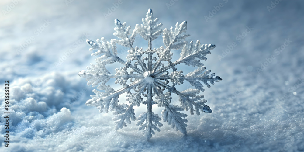 Winter Wonderland Snowflake: A single, intricately detailed snowflake rests in a pristine bed of fresh snow, bathed in soft, ethereal light. The image evokes a sense of peace, tranquility, and the mag Winter Wonderland Snowflake: A single, intricately detailed snowflake rests in a pristine bed of fresh snow, bathed in soft, ethereal light. The image evokes a sense of peace, tranquility, and the mag