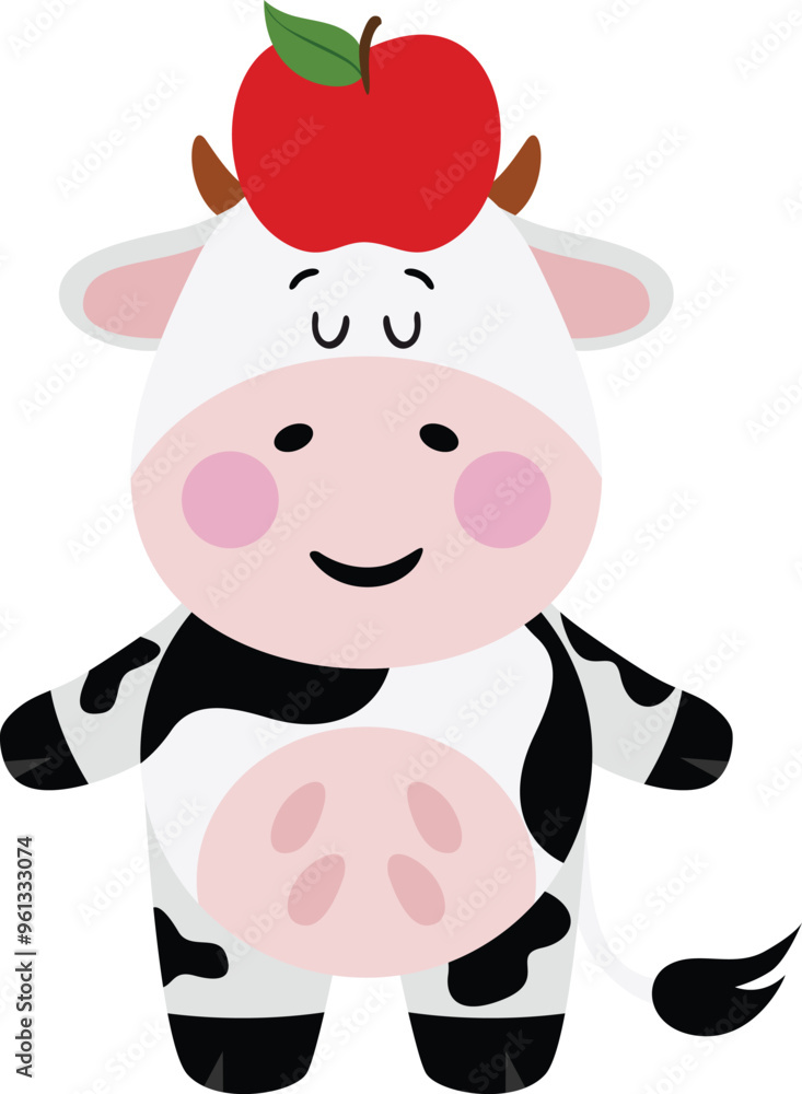 Cute cow with red apple on his head Cute cow with red apple on his head