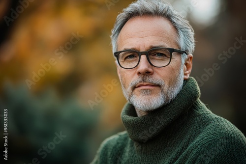 Outdoor portrait of 50 - 55 year old man wearing green pullover and eyeglasses, Generative AI