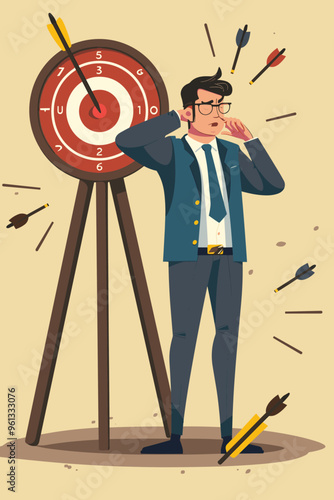 Disappointed Businessman Misses Targets in Archery Competition