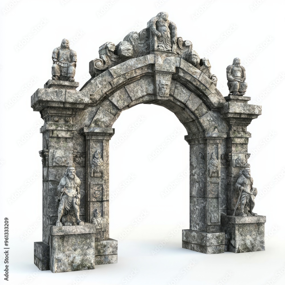 3D Render of a stone gateway with statues and ornate carvings, on isolated white background 3D Render of a stone gateway with statues and ornate carvings, on isolated white background