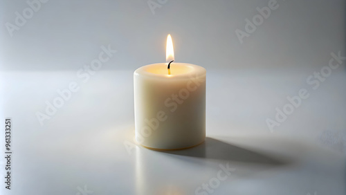 Wallpaper Mural Solitary Flame: A single, white candle burns serenely, casting a soft glow on a reflective surface. Its gentle flicker offers a sense of peace, hope, and remembrance.  Torontodigital.ca