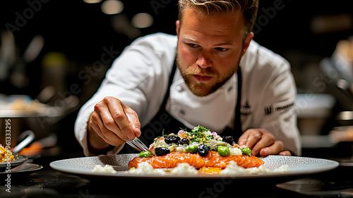 Fototapeta Naklejka Na Ścianę i Meble -  Chef Carefully Plating a Gourmet Dish Featuring Salmon, Fresh Vegetables, and Elegant Garnishes in a Fine Dining Restaurant Setting