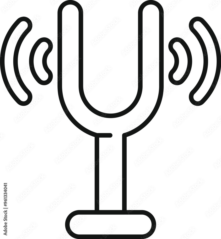 This simple icon features a tuning fork emitting sound waves, symbolizing frequency and pitch This simple icon features a tuning fork emitting sound waves, symbolizing frequency and pitch