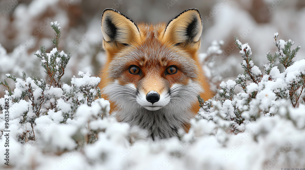Obraz premium A majestic red fox peeking through a snowy landscape, showcasing its vibrant fur and keen eyes amidst the winter scenery.