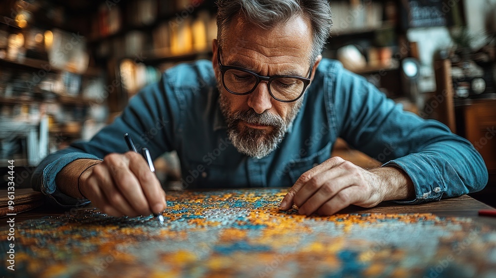 Man Working On Puzzle Man Working On Puzzle