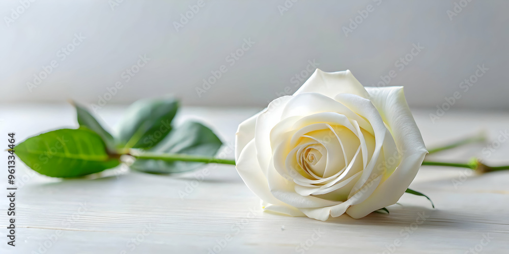Single White Rose: A solitary white rose, its petals unfurling in delicate beauty, rests against a pristine white background, symbolizing purity, innocence, and new beginnings. Single White Rose: A solitary white rose, its petals unfurling in delicate beauty, rests against a pristine white background, symbolizing purity, innocence, and new beginnings.