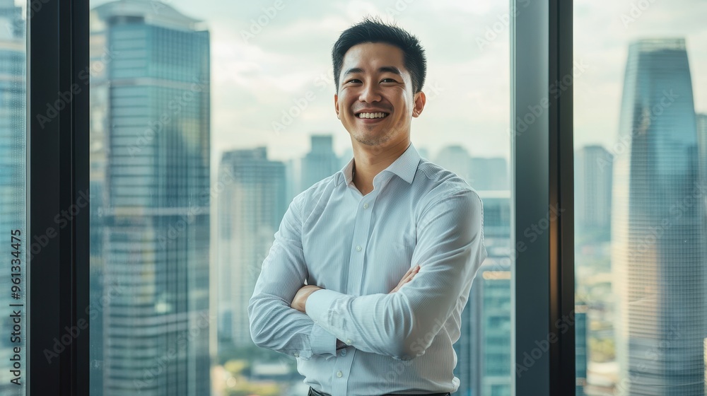 Confident Businessman Standing in Modern Office with City Skyline in Background