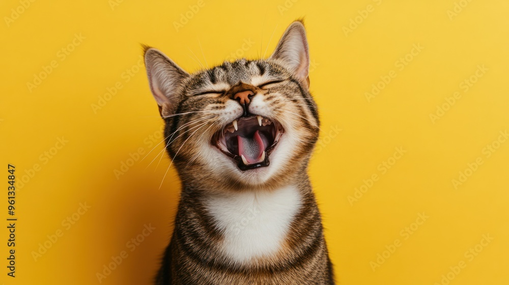 Portrait cute cat expression laughing on bright yellow background Portrait cute cat expression laughing on bright yellow background