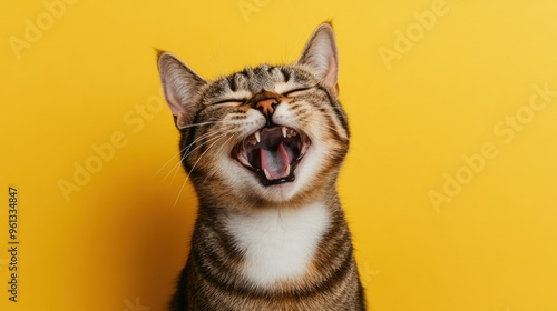 Portrait cute cat expression laughing on bright yellow background