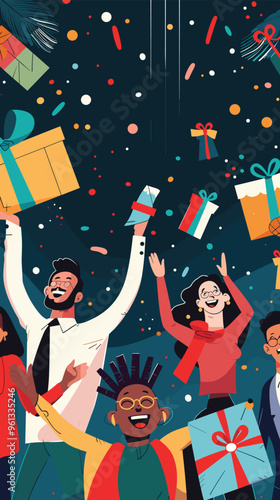 Diverse Group of Businesspeople Celebrating New Year's Eve 2024 with Gifts, Balloons, and Confetti at Corporate Christmas Party