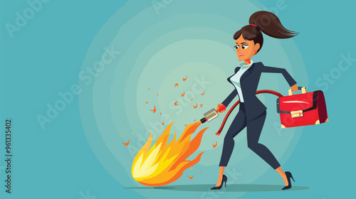 Exhausted Businesswoman Extinguishes Burning Briefcase with Fire Extinguisher, Symbolizing Stress Management in Workplace