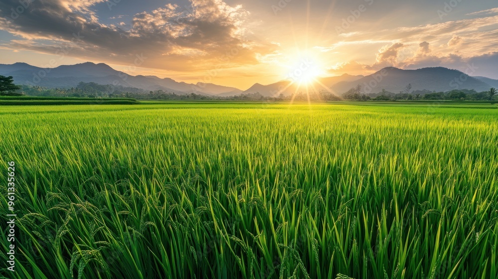 Fototapeta premium Fresh large green rice field on the morning landscape. AI generated image