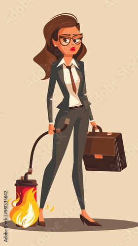 Exhausted Businesswoman Extinguishes Burning Briefcase with Fire Extinguisher, Symbolizing Stress Management in Workplace