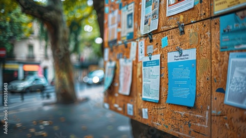 A close-up of a community notice board with flyers for upcoming events and activities, with a minimalist background and plenty of copy space for flyer content