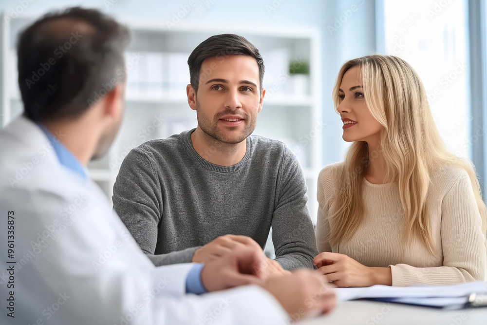 Young couple is sitting at a desk and carefully listening to a doctor giving explanations in a hospital room Young couple is sitting at a desk and carefully listening to a doctor giving explanations in a hospital room