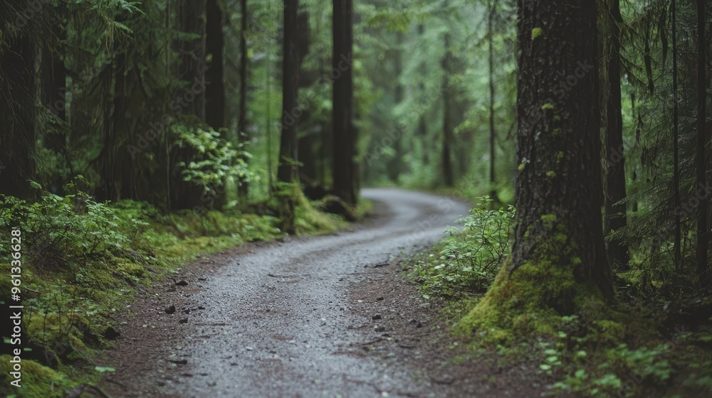Fototapeta premium Winding Forest Path with Moss Covered Trees