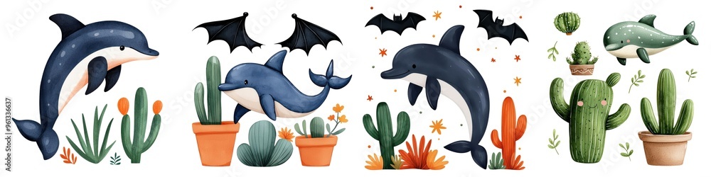 Fototapeta premium Whimsical illustration featuring playful dolphins, cacti, and bats in a colorful aquatic theme.