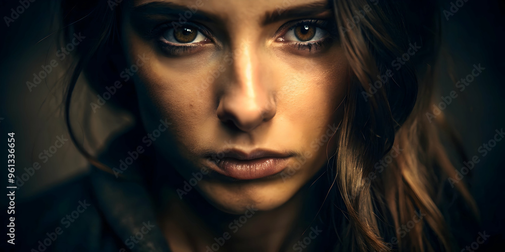 Intense Gaze: Close-up portrait of a young woman with piercing eyes and a captivating gaze, bathed in dramatic lighting, conveying a sense of strength and determination. Intense Gaze: Close-up portrait of a young woman with piercing eyes and a captivating gaze, bathed in dramatic lighting, conveying a sense of strength and determination.