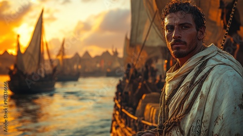 A Man On A Ship at Sunset photo