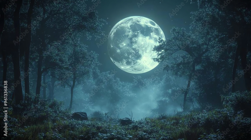 Fototapeta premium A serene scene of a full moon illuminating a misty forest at night, creating an ethereal atmosphere in nature.