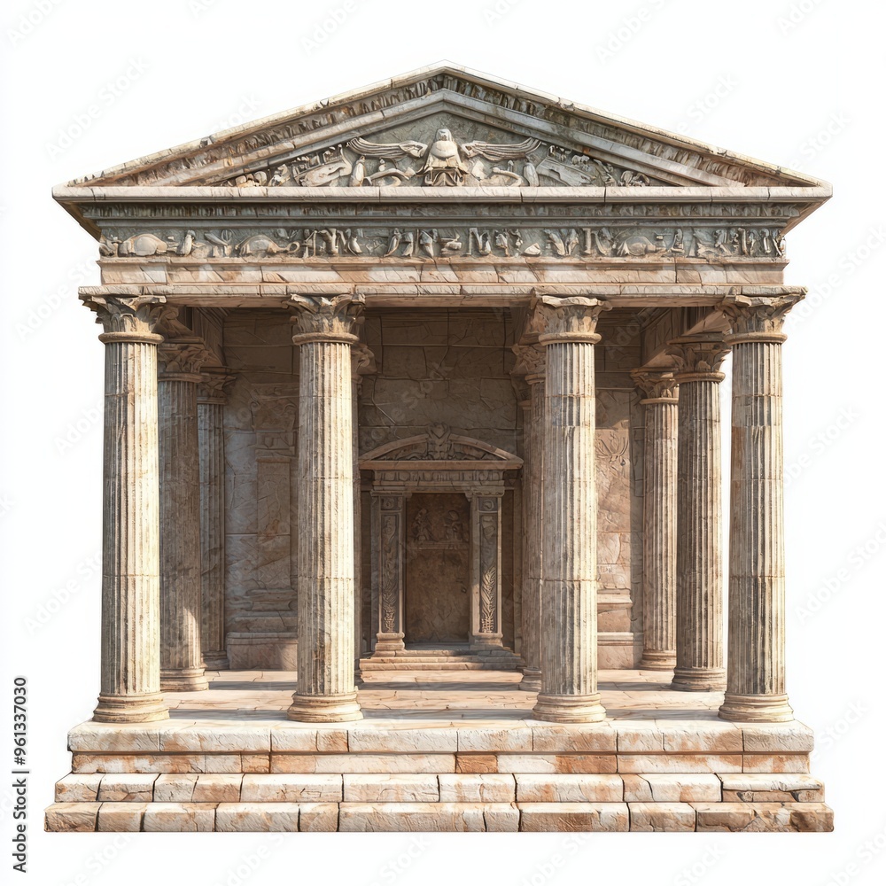 3D Render of an ancient stone temple with columns and carvings, on isolated white background 3D Render of an ancient stone temple with columns and carvings, on isolated white background