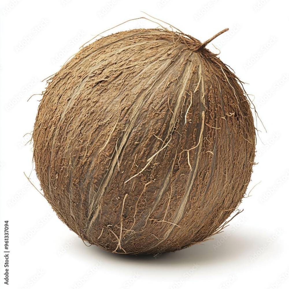A whole, brown coconut with husk and a light brown fibrous outer shell. A whole, brown coconut with husk and a light brown fibrous outer shell.