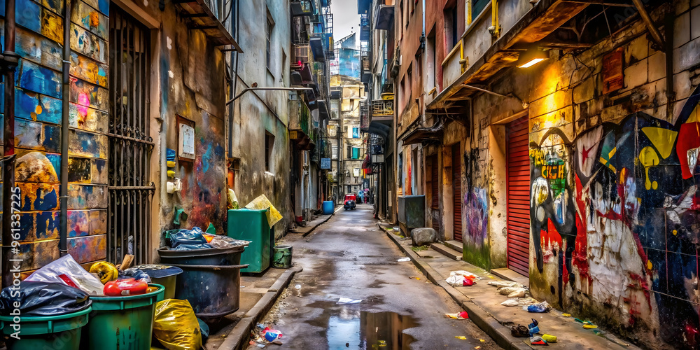 Naklejka premium Urban Alleyway: A narrow alleyway in a bustling city, lined with graffiti-covered walls, overflowing trash cans, and a puddle reflecting the cityscape. The scene evokes a sense of urban decay 