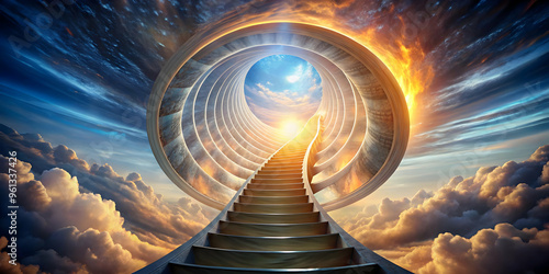 Ascent to the Divine: A celestial stairway ascends through swirling clouds and ethereal light, inviting viewers to contemplate the journey of the soul. The image is a symbolic representation of spirit photo