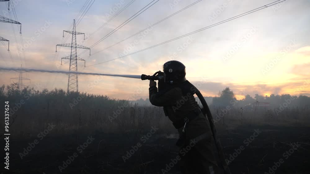 Professional fireman in full equipment putting out flame on meadow. Male firefighter in uniform extinguishes burning grass using a fire hose at countryside. Heroic profession and fire safety concept Professional fireman in full equipment putting out flame on meadow. Male firefighter in uniform extinguishes burning grass using a fire hose at countryside. Heroic profession and fire safety concept